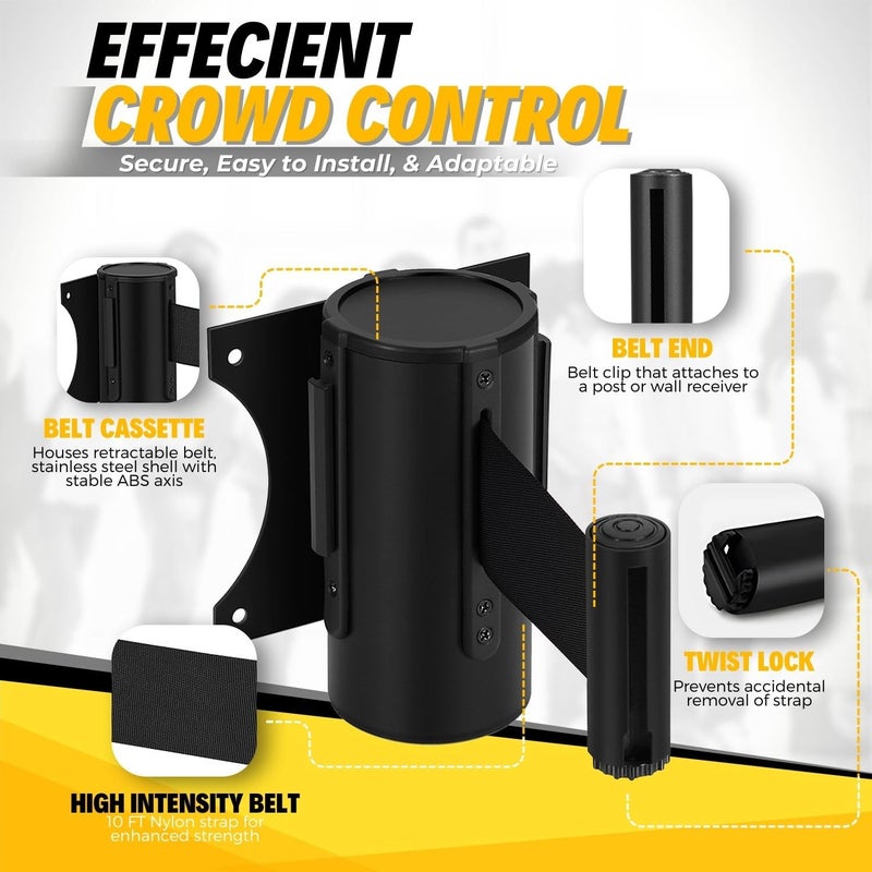 Flexzion Crowd Control Retractable Belt Barrier - 10Ft 3m Wall Mounted Safety Barrier Belt, Queue Line Dividers with Nylon Rope Belt & Sturdy Steel Black Case for Indoor/Outdoor, 2 Pack - Image 2